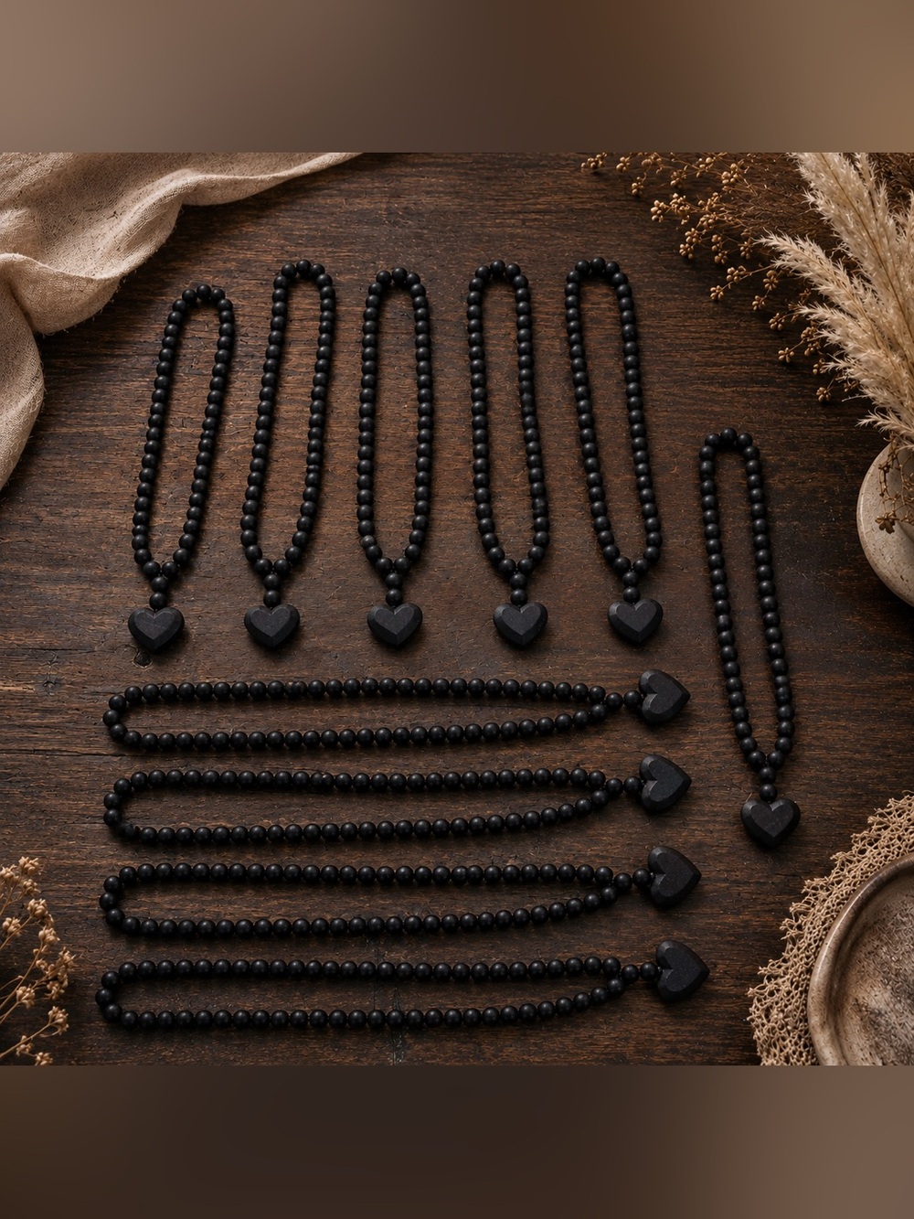NWOT Set of 5 Black Wooden Heart Beaded Necklaces • 32” Overhead • Party Favors
